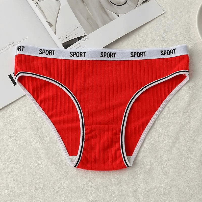 Red low-rise cotton panties with SPORT waistband, featuring a breathable cotton-spandex blend for women.